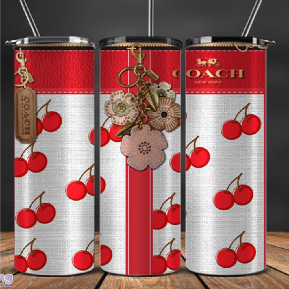 Cherry 20 OZ STAINLESS STEEL fashion Tumbler W/open/close slide lid NWT